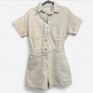 Zara Cream Short Sleeve Denim Romper